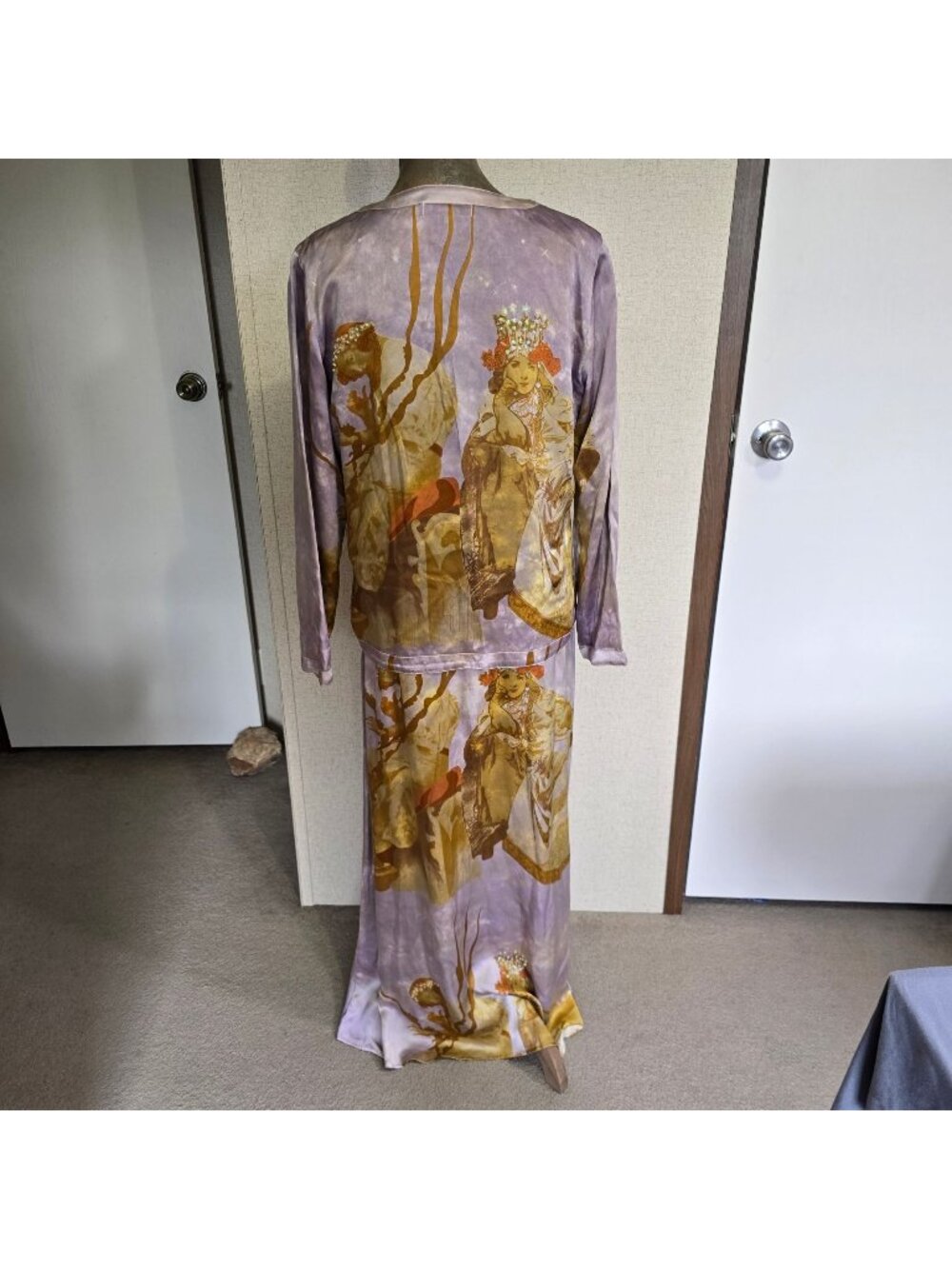 VTG Citron Santa Monica 2 Pc Silk Set Medium Gold Asian Art Maxi Dress Jacket